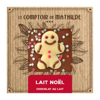 Tablette chocolat au lait Le Comptoir de Mathilde Noël 80g avec bonhomme en pain d'épices en chocolat blanc et vermicelles festifs