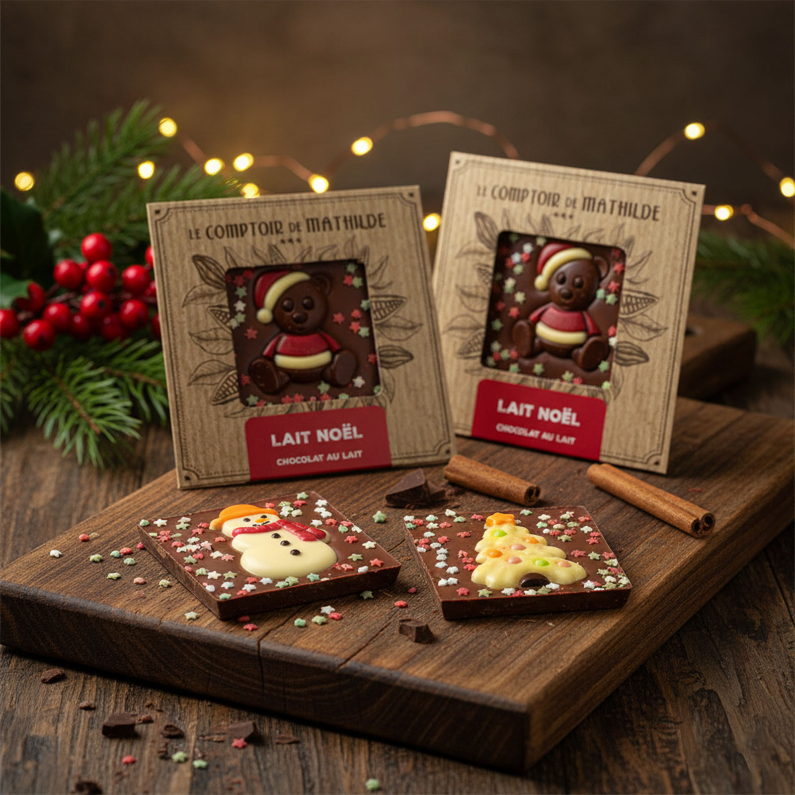 Tablettes de chocolat Le Comptoir de Mathilde avec décorations de Noël : ours, sapin et bonhomme de neige, sur un plateau en bois, ambiance festive.