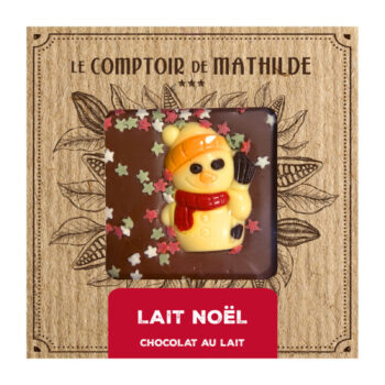 Tablette de chocolat au lait Le Comptoir de Mathilde avec un bonhomme de neige festif et des étoiles colorées, édition Noël