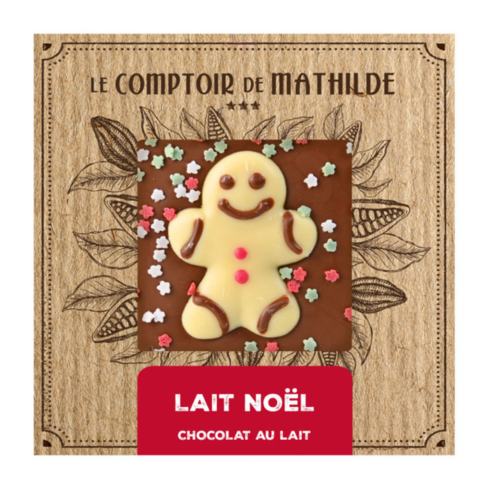 Tablette chocolat au lait Le Comptoir de Mathilde Noël 80g avec bonhomme en pain d'épices en chocolat blanc et vermicelles festifs