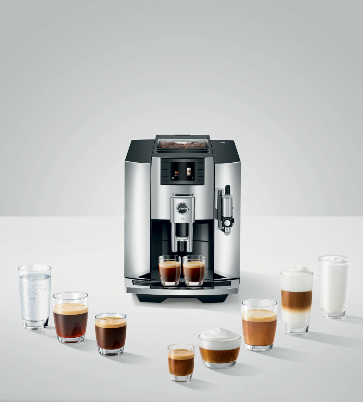 Variété de cafés préparés grâce à la JURA E8 Chrome (EB)
