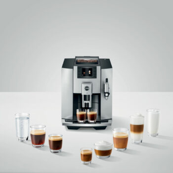 Panel de spécialités de café préparées par la JURA E8 Moonlight Silver (EB)