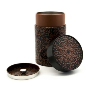 Boîte à thé ronde en inox noir avec motif Mandala cuivré, couvercle inclus, pour conserver le thé
