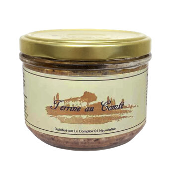 Terrine au Comté 180g Le Comptoir dans un pot en verre, couvercle doré, étiquette crème et illustration champêtre
