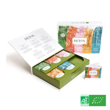 Coffret ouvert Palais des Thés Détox Bio avec sachets colorés et sachet individuel, certifié bio