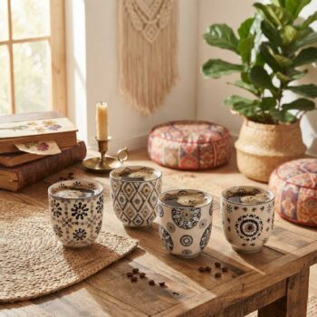 Quatre tasses en céramique aux motifs bohèmes remplies de café noir sur une table en bois rustique avec des grains de café éparpillés