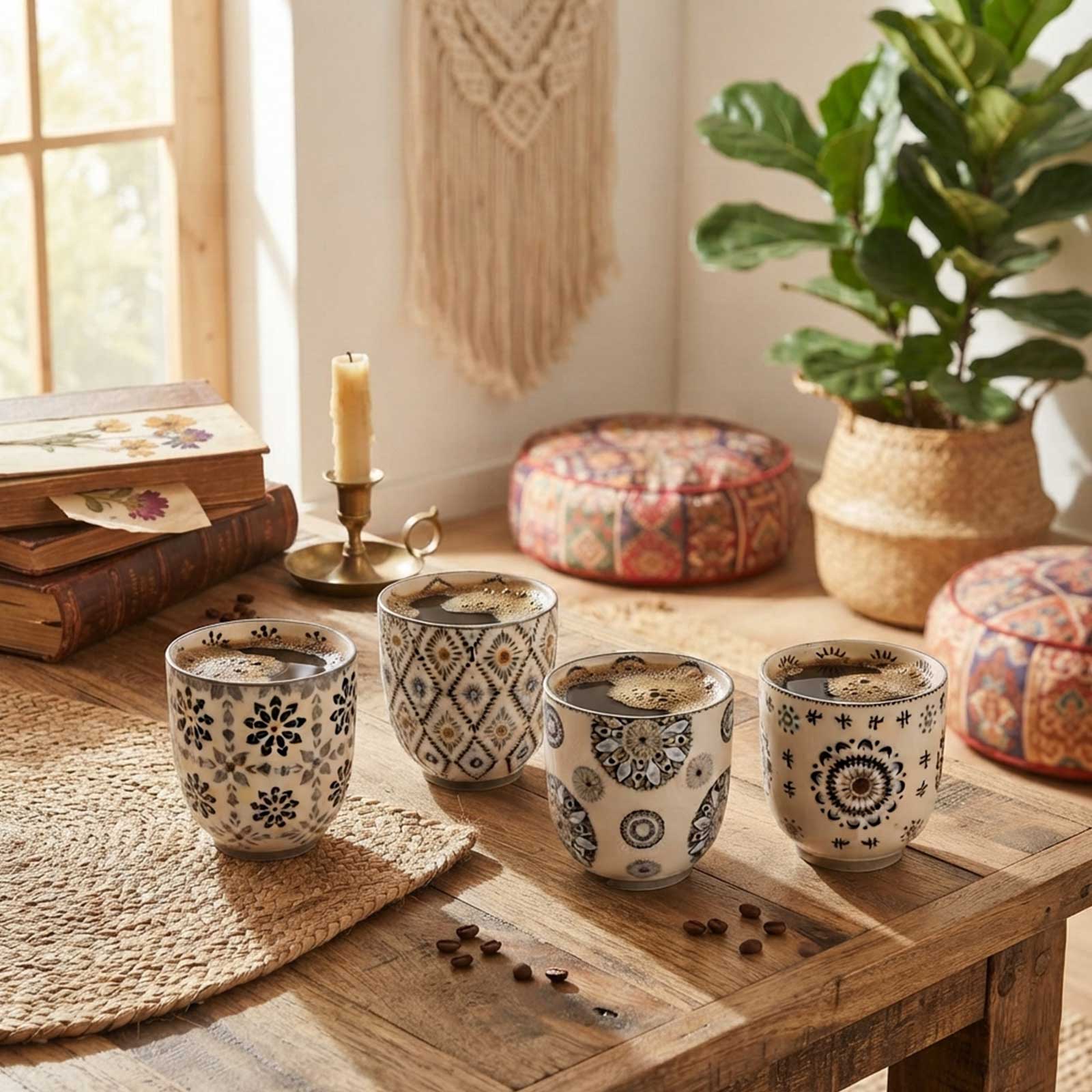 Quatre tasses en céramique aux motifs bohèmes remplies de café noir sur une table en bois rustique avec des grains de café éparpillés
