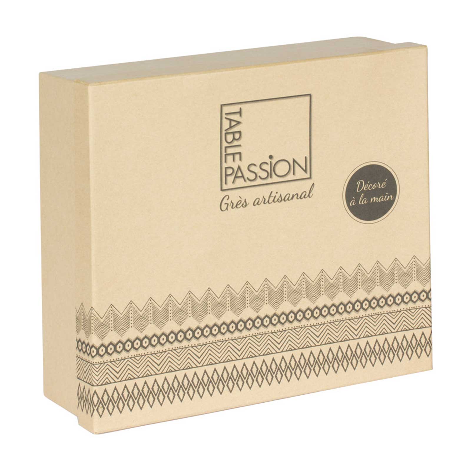 Boîte cadeau en carton kraft Table Passion avec le logo de la marque et le label grès artisanal décoré à la main, ornée de frises géométriques