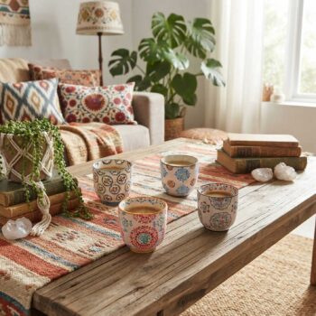 Quatre tasses en céramique à motifs ethniques colorés disposées sur une table basse en bois avec des livres et une plante verte en arrière-plan