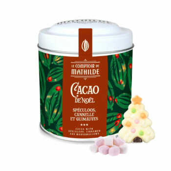 Boîte métallique festive Le Comptoir de Mathilde Cacao de Noël avec spéculoos, cannelle, guimauves et figurine chocolat sapin
