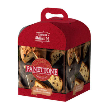 Boîte rouge Le Comptoir de Mathilde PANETTONE 100g, avec fenêtres révélant des tranches moelleuses et fruits secs