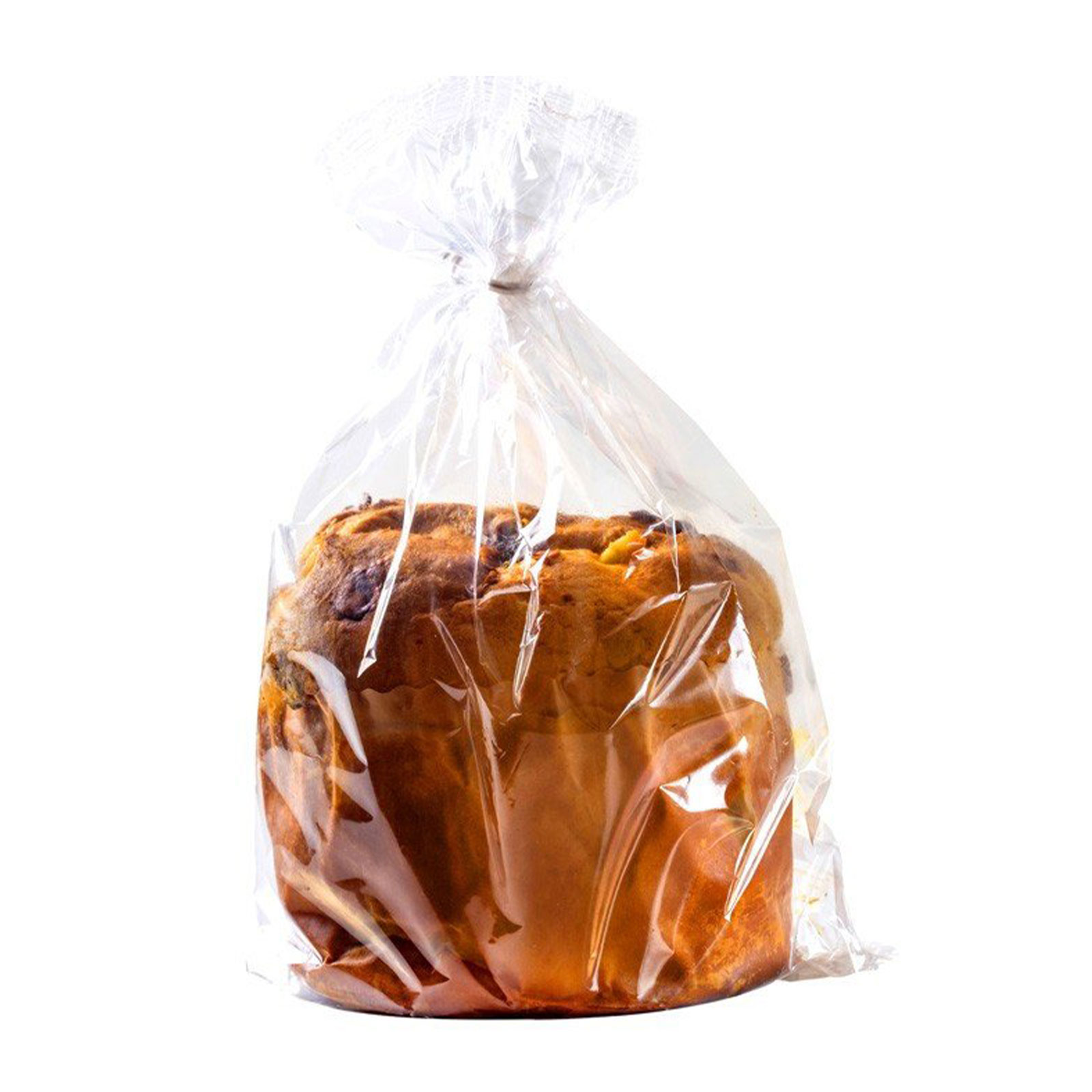 Mini panettone 100g emballé dans un sac transparent, avec des fruits secs visibles