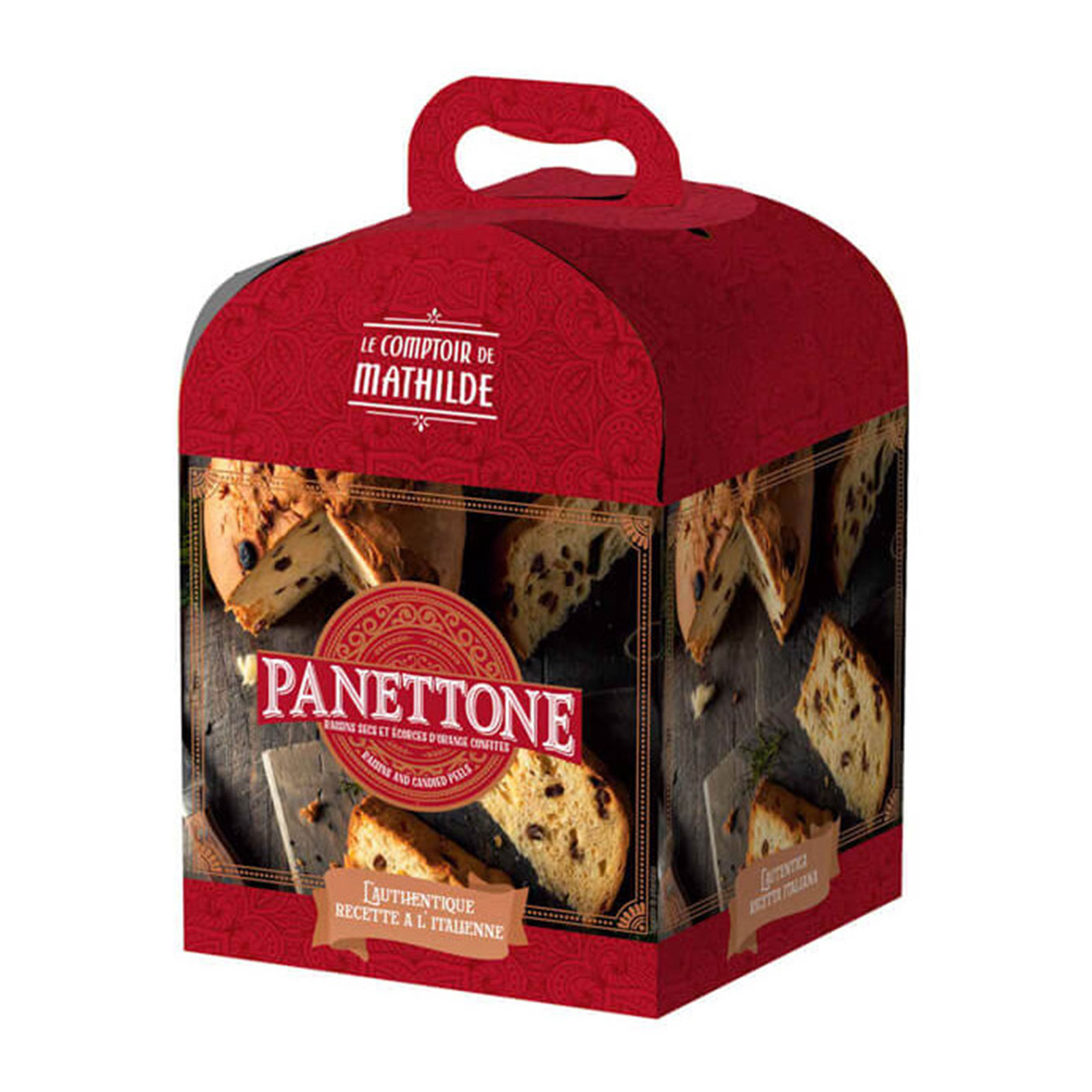 Boîte rouge Le Comptoir de Mathilde PANETTONE 100g, avec fenêtres révélant des tranches moelleuses et fruits secs