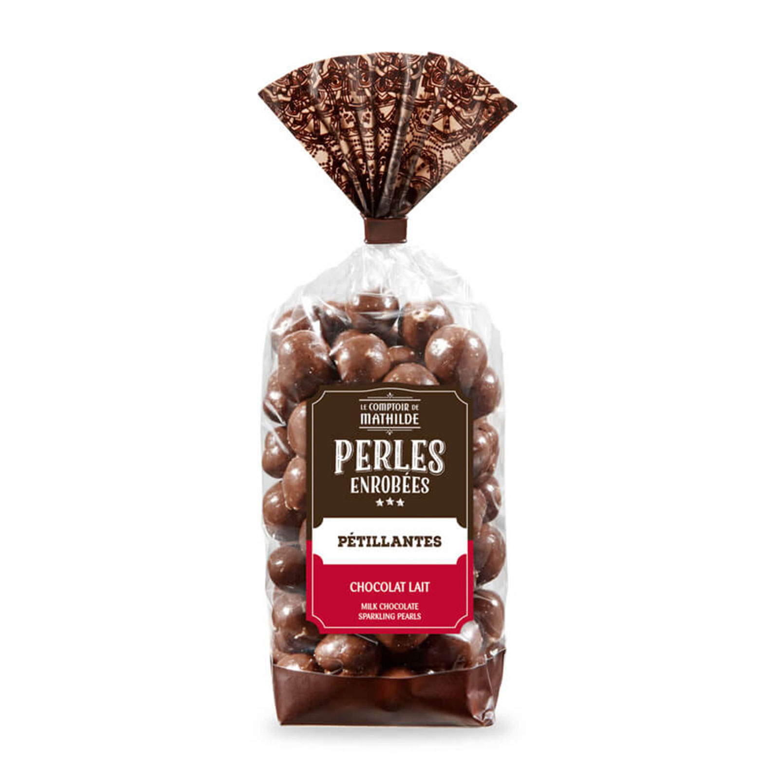Sachet transparent de perles pétillantes chocolat lait Le Comptoir de Mathilde, idéal pour accompagner café ou thé