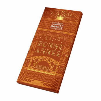 Tablette de chocolat noir Bonne Année Le Comptoir de Mathilde 90g, emballage cuivré festif avec inscriptions dorées