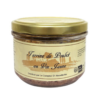 Terrine de poulet au vin jaune Le Comptoir dans un pot en verre avec couvercle doré, étiquette crème illustrée