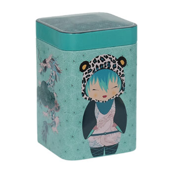 Boîte à thé Eigenart inox Little Animals Leo 200g, illustration kokeshi turquoise, couvercle gris anthracite