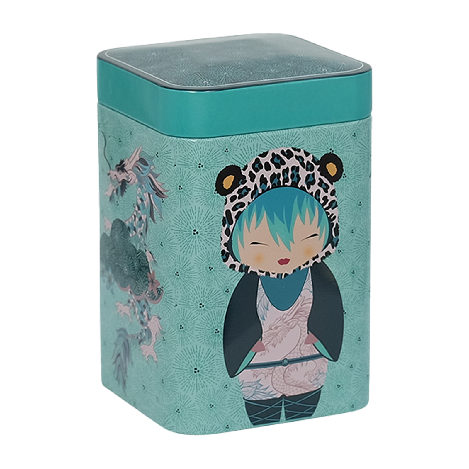 Boîte à thé Eigenart inox Little Animals Leo 200g, illustration kokeshi turquoise, couvercle gris anthracite