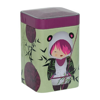 Boîte à thé Eigenart inox design Little Animals Panda, fond vert pâle, illustration fille et bambou, couvercle violet