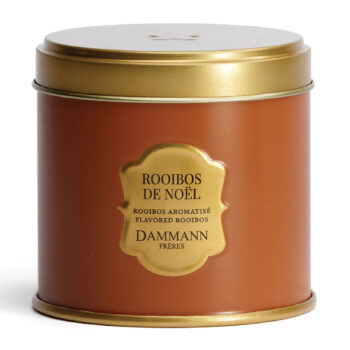 Boîte métallique Dammann Frères 100g Rooibos de Noël, design festif brun et doré, saveurs festives