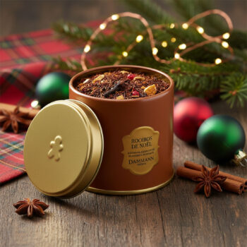 Boîte de Rooibos de Noël Dammann Frères avec couvercle ouvert, décorations de Noël et épices sur une table en bois