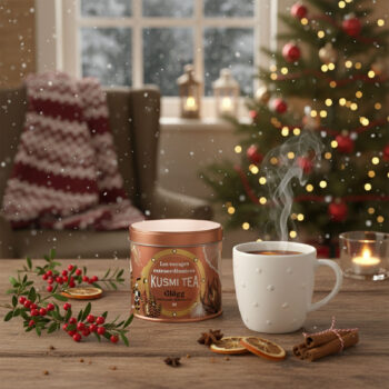 Boîte de thé Kusmi Tea Glögg édition 2024 devant une tasse fumante, décorée avec des baies rouges, des tranches d'orange séchée et de la cannelle, dans une ambiance de Noël avec un sapin décoré et de la neige tombante.