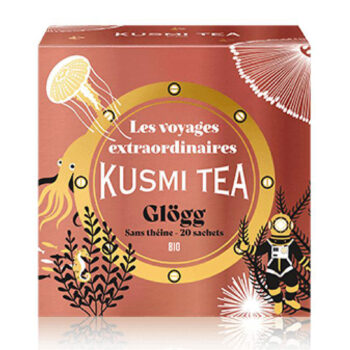 Boîte Kusmi Tea Glögg édition 2025 BIO, design audacieux cuivré et doré, méduse et plongeur, 20 sachets sans théine