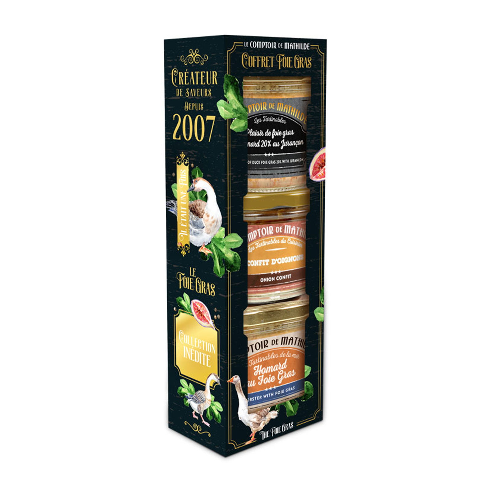 Coffret cadeau Le Comptoir de Mathilde 3 pots de foie gras 90g, packaging noir illustré de cygnes et fruits rouges