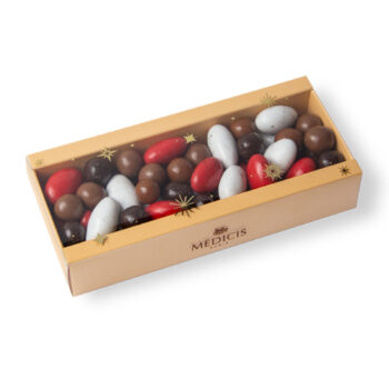 Boîte cadeau Médicis Paris 150g ornée de motifs étoilés, contenant divers chocolats enrobés et dragées aux couleurs variées