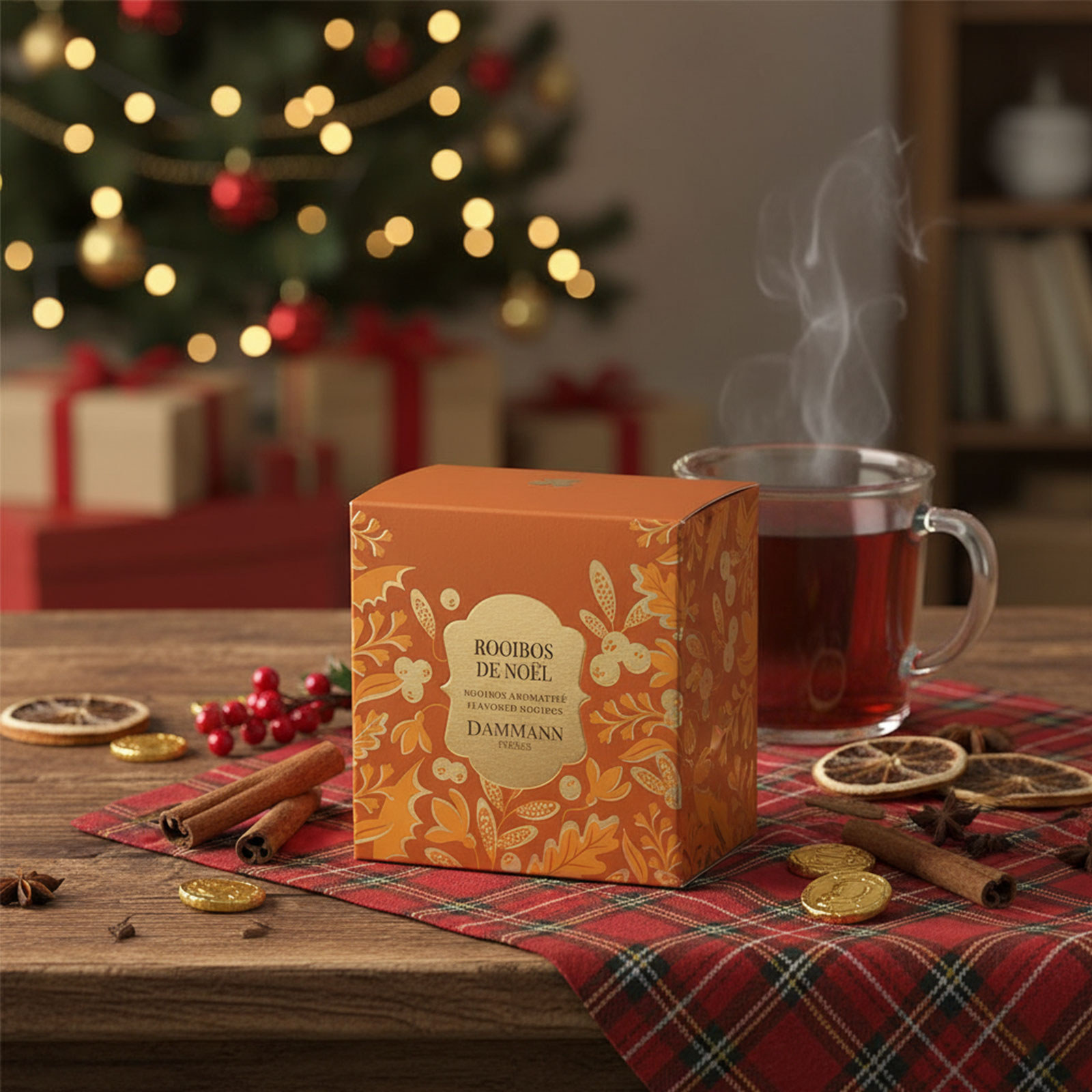 Boîte de Rooibos de Noël Dammann Frères sur une table décorée, avec une tasse de thé fumante et un sapin de Noël en arrière-plan