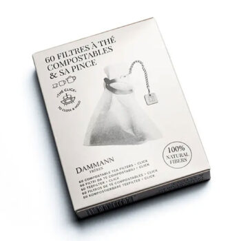 Boîte de 60 filtres à thé compostables Dammann Frères avec pince en inox, système The Click, 100% Natural Fibers
