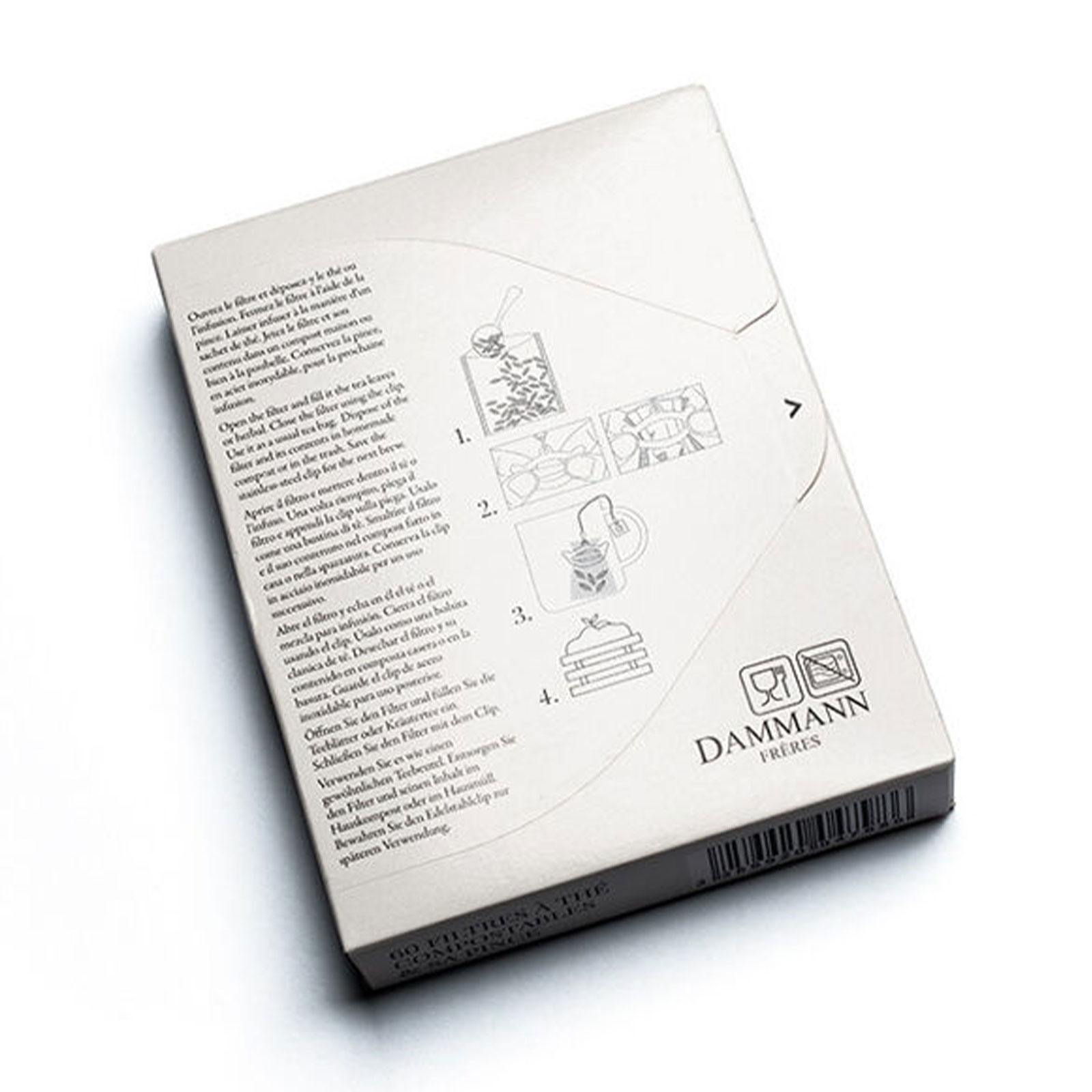 Boîte de filtres à thé Dammann Frères compostables, avec instructions d'utilisation illustrées et logo de la marque