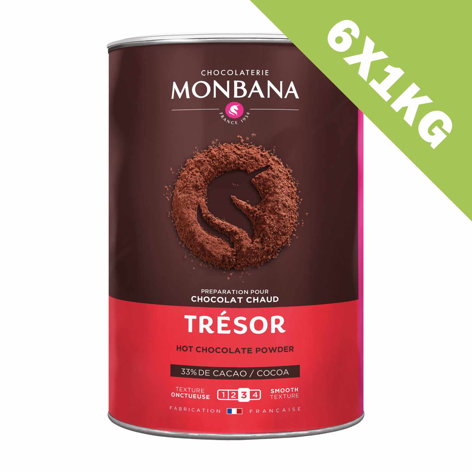 Boîte métallique de préparation pour chocolat chaud Monbana Trésor, 33% de cacao, fabrication française