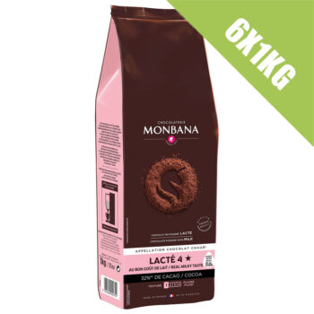 Sachet de chocolat en poudre Monbana Lacté 4 étoiles, 6x1kg, avec 32% de cacao et un goût lacté, fabriqué en France