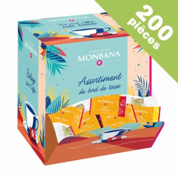 Boîte d'assortiment Monbana de 200 pièces, avec des biscuits et confiseries variés pour accompagner le café ou le thé
