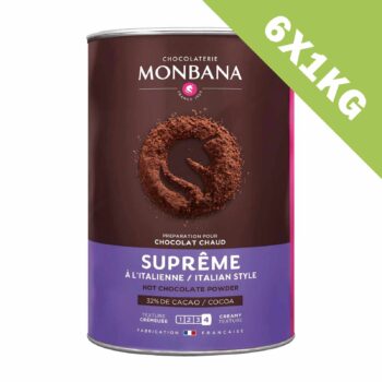 Boîte métallique de chocolat chaud en poudre Monbana Suprême, texture crémeuse à l'italienne, 32% de cacao, format 6x1kg