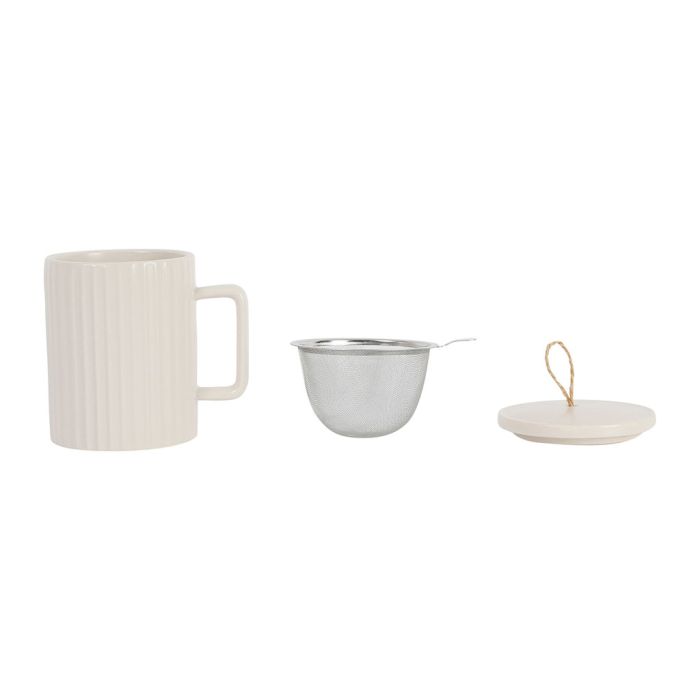 Théière Égoïste SEMA Avec Filtre Inox - 45cl + Tasse 25cl - Grès Et Acacia - Sweet Leaves Écru