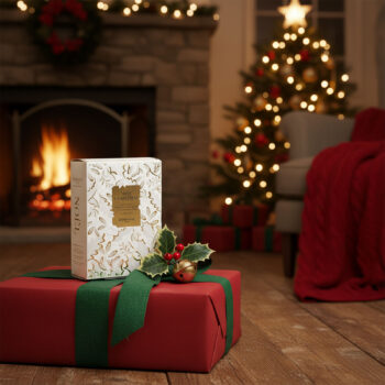 Coffret cadeau Dammann Frères "Noël Christmas" édition 2024, emballé dans du papier rouge avec un ruban vert, décorations de Noël et cheminée allumée en arrière-plan.