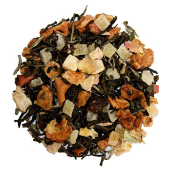 Mélange thé blanc On dirait le Sud 100g, feuilles torsadées, fruits secs orangés et jaunes, douceur cristalline, infusion fruitée gourmande