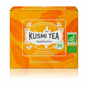Boîte orange Kusmi Tea AquaExotica infusion bio sans théine, motif tropical, 20 sachets