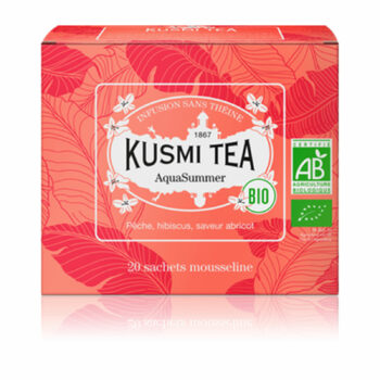 Boîte Kusmi Tea Aquasummer bio corail et rouge, infusion sans théine pêche abricot hibiscus, 20 sachets