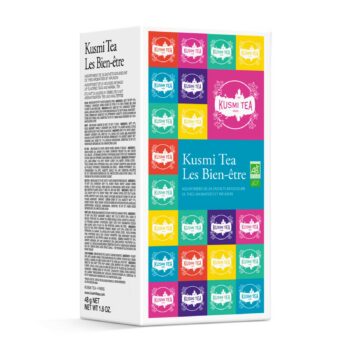 Coffret d'assortiment de 24 sachets mousseline Kusmi Tea Les Bien-être, emballage carré coloré avec thés aromatisés et infusions
