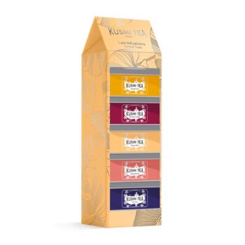 Coffret Kusmi Tea cinq infusions bio, cinq boîtes métal colorées avec motifs végétaux, présentation verticale