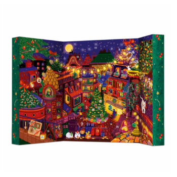 Calendrier de l'Avent Comptoir de Mathilde 2024 illustrant une ville de Noël féérique la nuit, avec des maisons illuminées, des sapins et des numéros de jours jusqu'à 23