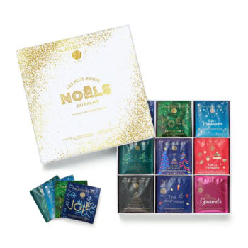 Coffret Palais des Thés Les plus beaux Noëls du Palais 2025, écrin blanc pailleté d'or, 9 boîtes festives de thés de Noël
