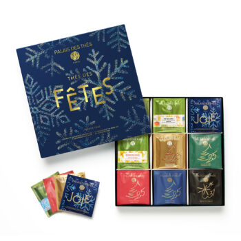 Coffret Thés des Fêtes Palais des Thés, boîte bleu nuit avec flocons dorés, 54 sachets individuels festifs
