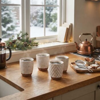 Quatre tasses en céramique texturées avec base en terre cuite remplies de café chaud sur un comptoir en bois devant une fenêtre enneigée.