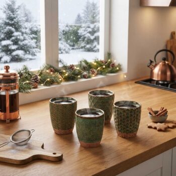 Quatre tasses en céramique aux motifs géométriques variés contenant du café fumant, disposées sur un plan de travail en bois devant une fenêtre hivernale