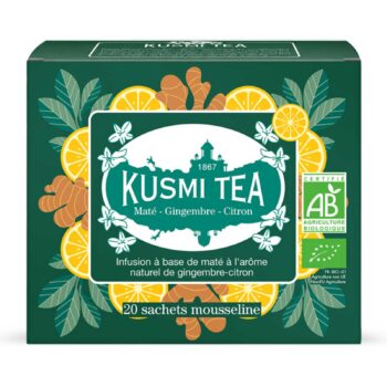 Boîte de thé Kusmi Tea Maté Gingembre Citron bio verte foncée avec illustrations de citrons et gingembre, 20 sachets mousseline