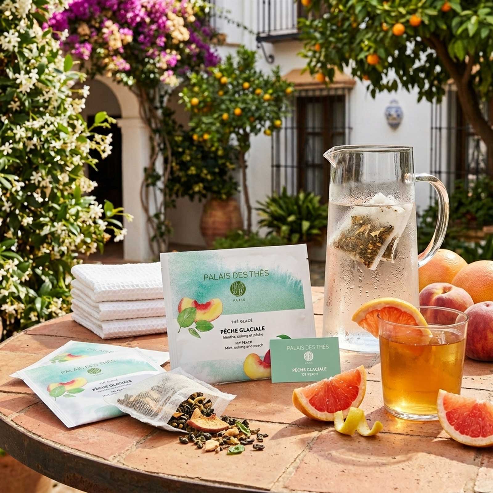 Composition estivale avec des sachets de thé glacé Pêche Glaciale Palais des Thés, un pichet d'eau, un verre de thé glacé, des agrumes et des fruits frais sur une table en extérieur.